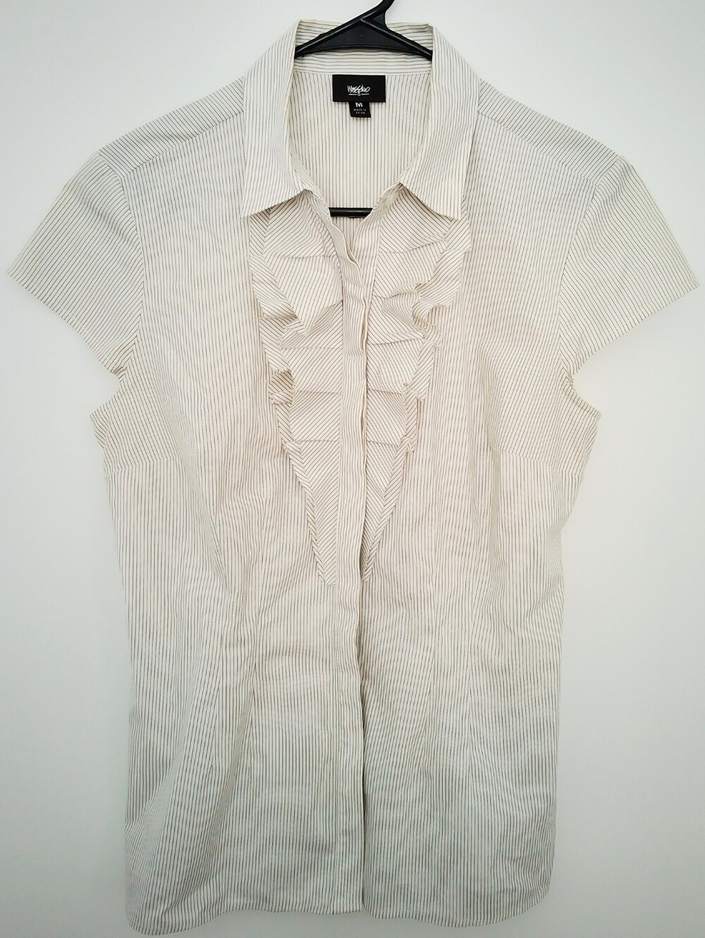 Mossimo Cream Pinstripe Ruffle-Front Short Sleeve Blouse